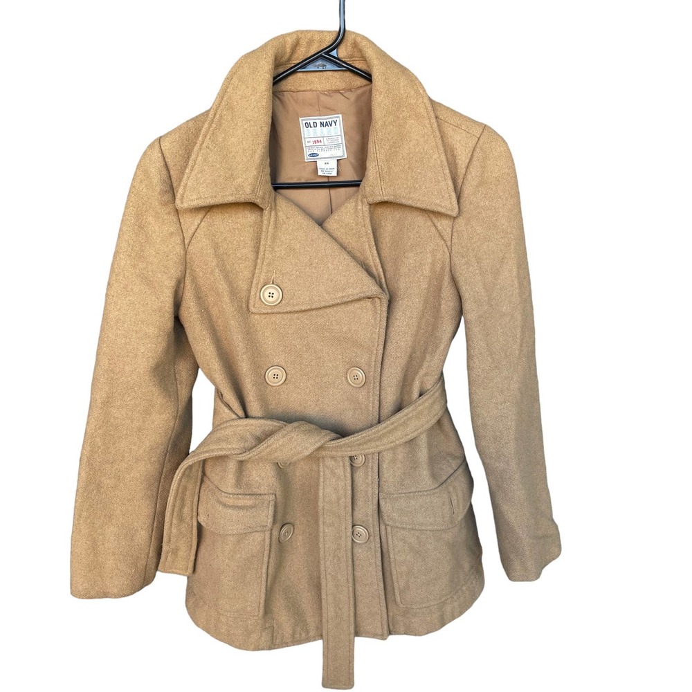 Old Navy Pea Coat Womens Extra Small XS Tan Button Up Belted Wool Blend Lined
